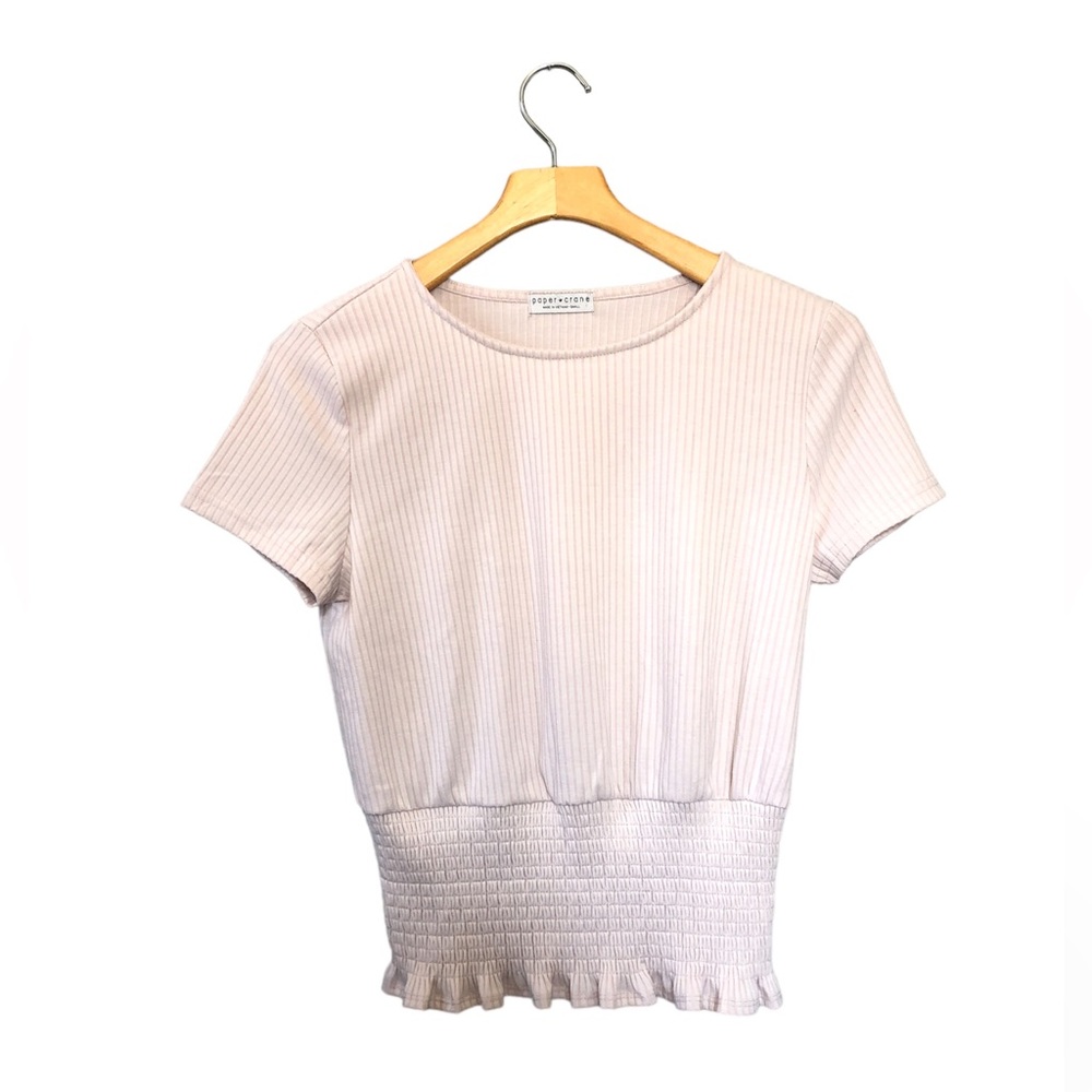 Paper Crane Cream Short Sleeve Ribbed Ruched Top Small NWOT